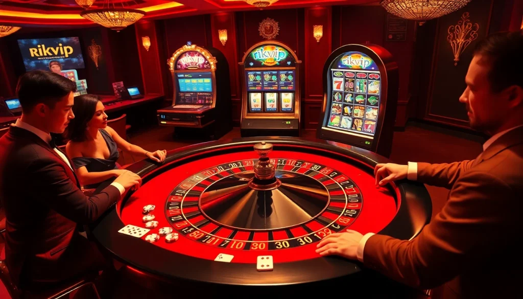 Experience the thrill of gambling at rikvip with an exciting casino scene featuring roulette and poker.