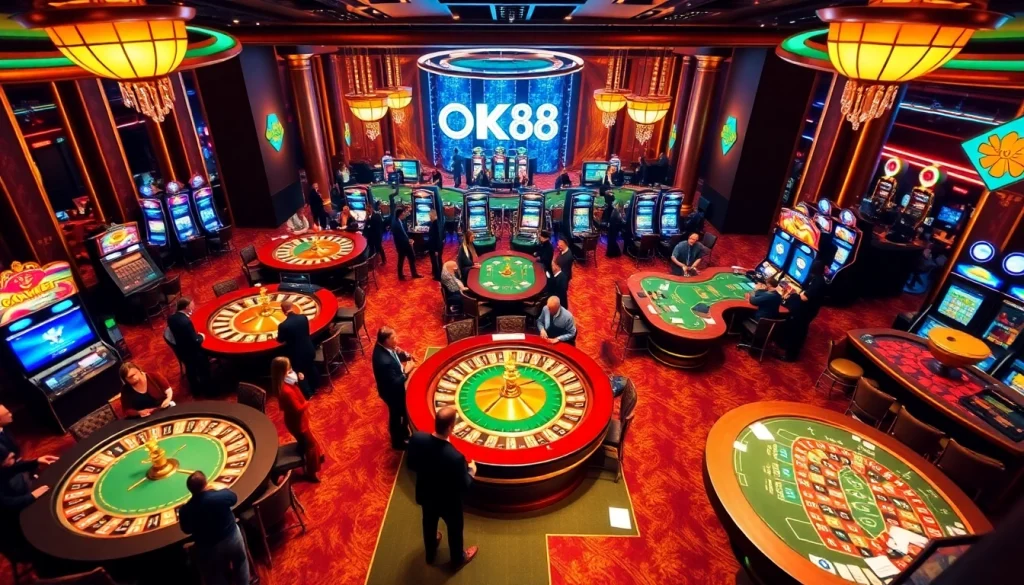 Players enjoying thrilling games at OK88's vibrant casino floor filled with slot machines and roulette tables.