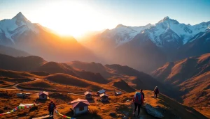 A stunning view of the Manaslu trek showcasing the breathtaking Himalayan landscape with trekkers and colorful prayer flags.