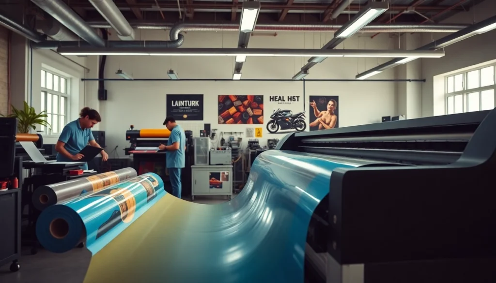 Configuración de impresión de vinilos de alta calidad con materiales vibrantes en un entorno de trabajo profesional