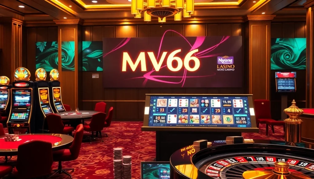 Experience the excitement of Nhà cái MV66 at a luxurious casino with tables and slot machines.