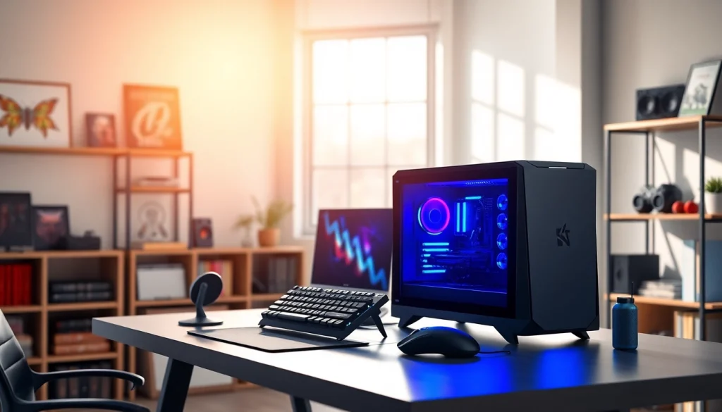 Gaming-PC-Ankauf: Modernes Gaming-Setup mit einem schlanken PC, RGB-Beleuchtung und Gaming-Peripherie in einem gut beleuchteten Raum.