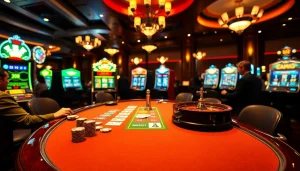 Rasakan sensasi datukwin saat para pemain merencanakan strategi di meja poker kasino dengan chip-chip berwarna-warni dan kartu.