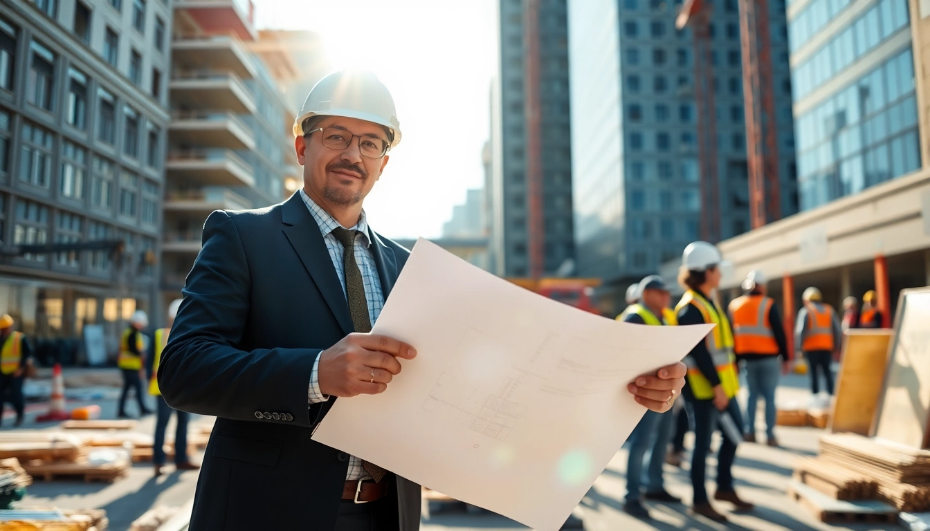 Engaging construction advocacy visuals showcasing a dedicated professional on-site with blueprints.