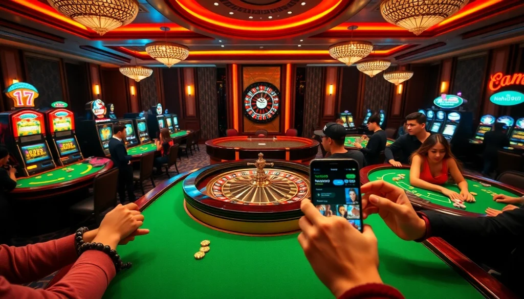 Players experiencing the excitement of casino games at Nohu90, with roulette and slot machines.
