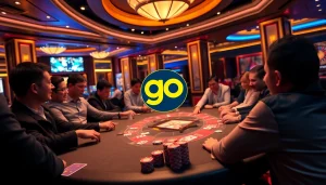 A dynamic casino scene showcasing players competing at a poker table, highlighting go 99's exciting features.