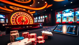 Experience the thrill of MMOO with poker chips and a vibrant roulette wheel in a luxurious casino setting.