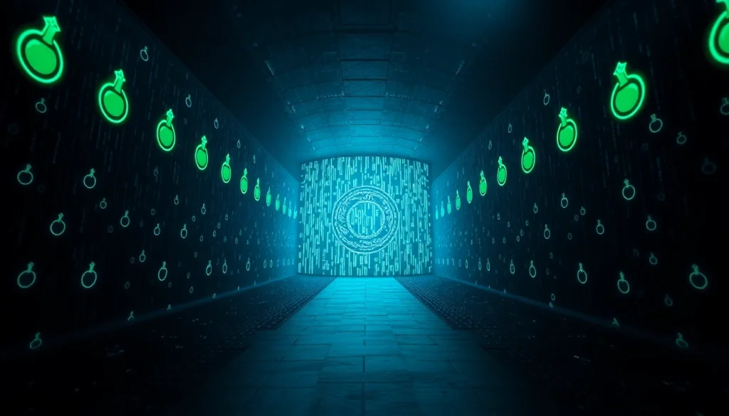 The hidden wiki illuminated through a mysterious dark web tunnel, showcasing .onion symbols.