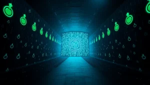 The hidden wiki illuminated through a mysterious dark web tunnel, showcasing .onion symbols.