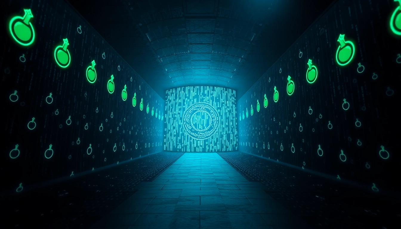 The hidden wiki illuminated through a mysterious dark web tunnel, showcasing .onion symbols.