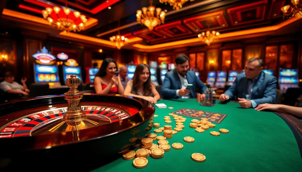 Exciting casino scene showcasing gameplay at 555win com with roulette wheel and poker chips.