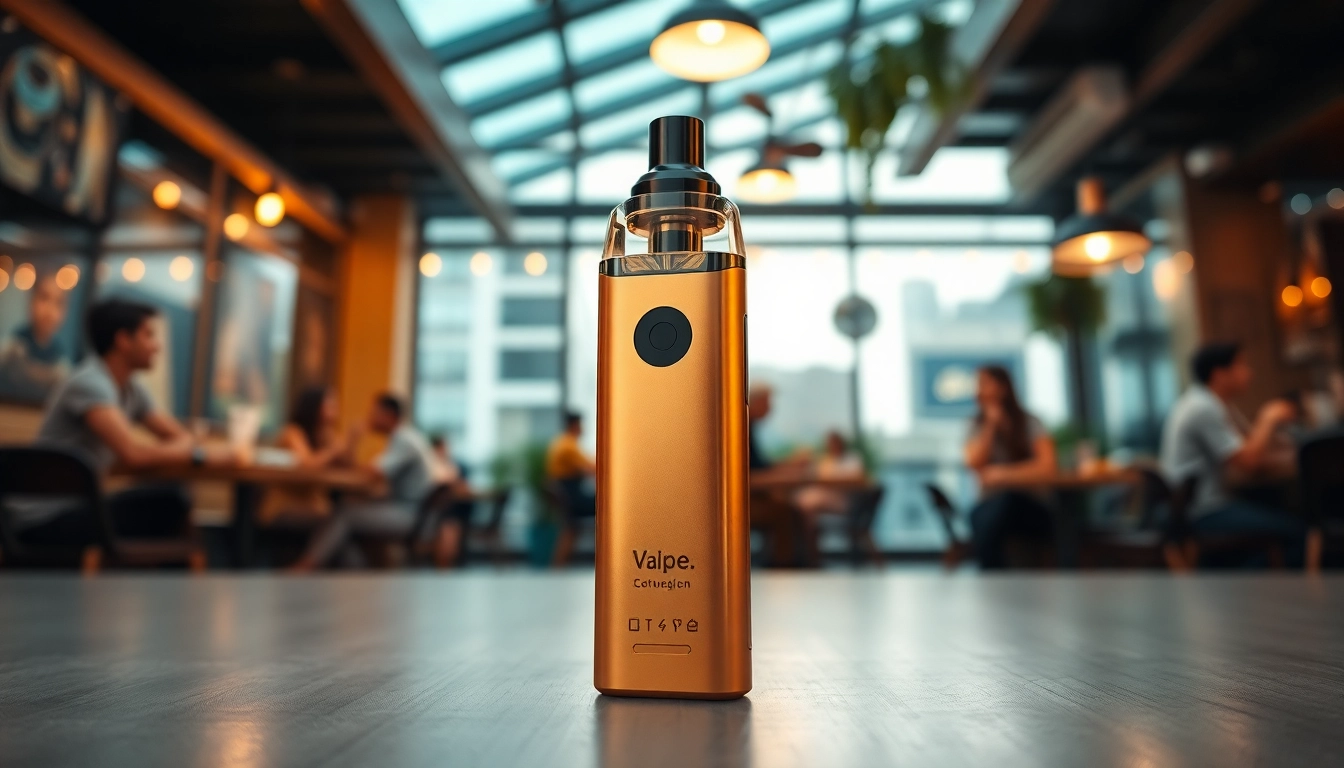 Modern disposable vape device showcased in a vibrant urban café, highlighting PECAH837's stylish design.