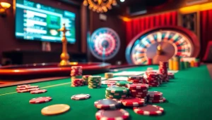 The hidden wiki-inspired casino scene with poker chips, cards, and a roulette wheel in an exciting atmosphere.