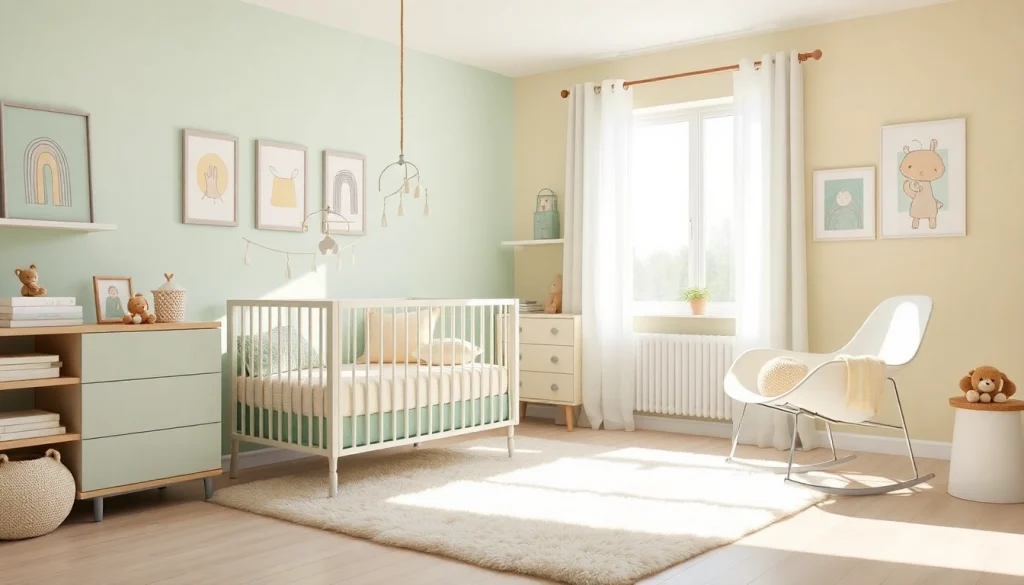 MMOO nursery scene featuring a stylish crib, plush toys, and soft pastel colors.