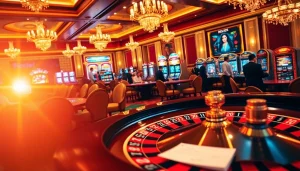 Exciting gaming action at https://debet66.com/, featuring a bustling casino floor with poker tables and slot machines.