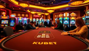 Kubet casino scene with players at a poker table, showcasing luxury and excitement.
