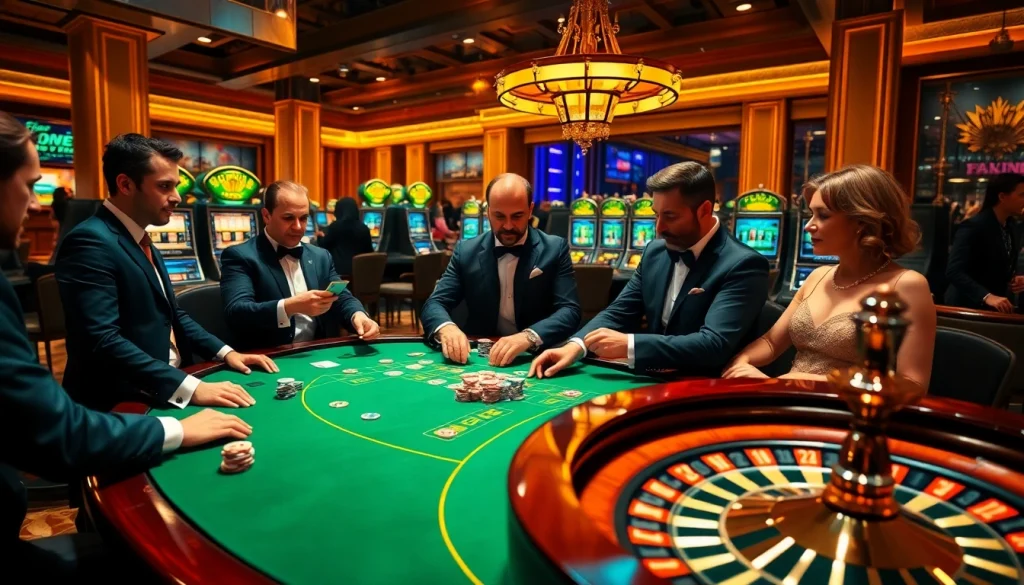 Exciting casino atmosphere with players enjoying games at Five88.foo's luxurious poker table.