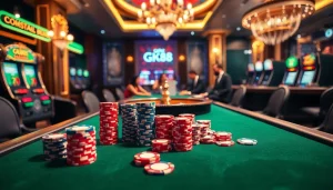 Experience high-stakes poker gameplay at a glamorous casino featuring GK88-themed elements.