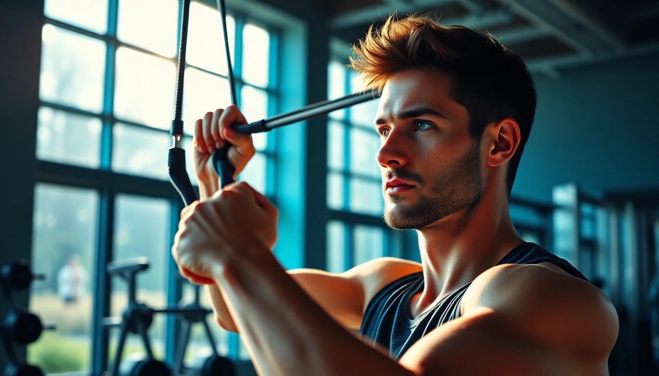 Fitness enthusiast performing assisted pull-up bands exercise in a bright gym setting.