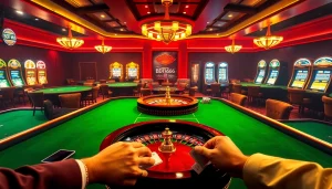 Experience the thrill of BDTK666 with a stunning casino scene featuring roulette, poker, and vibrant slot machines.