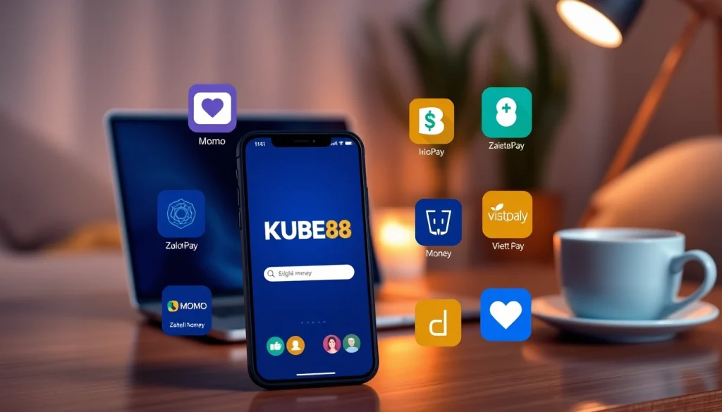 Nạp Tiền KUBET88 – Bước Thiết Yếu Để Trải Nghiệm Giải Trí with a smartphone showing digital wallets and KUBET88 logo.