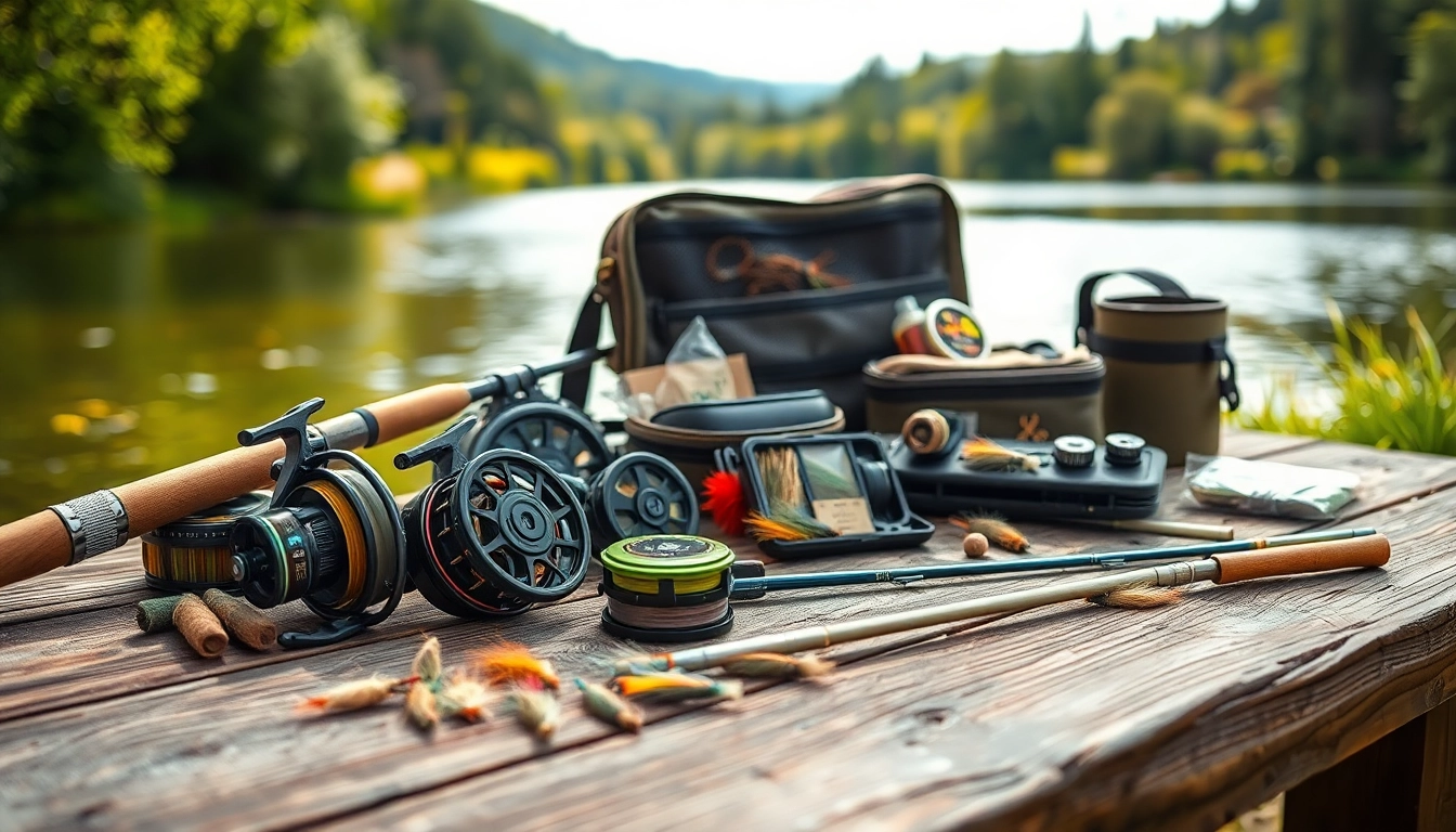 Showcasing fly fishing accessories on a rustic table, perfect for anglers.