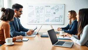 Marketing Consultant engaging clients in a professional office setting with strategic notes.