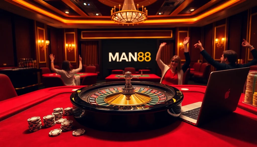 Players enjoying a winning moment at Man88's online casino, featuring vibrant gaming elements.