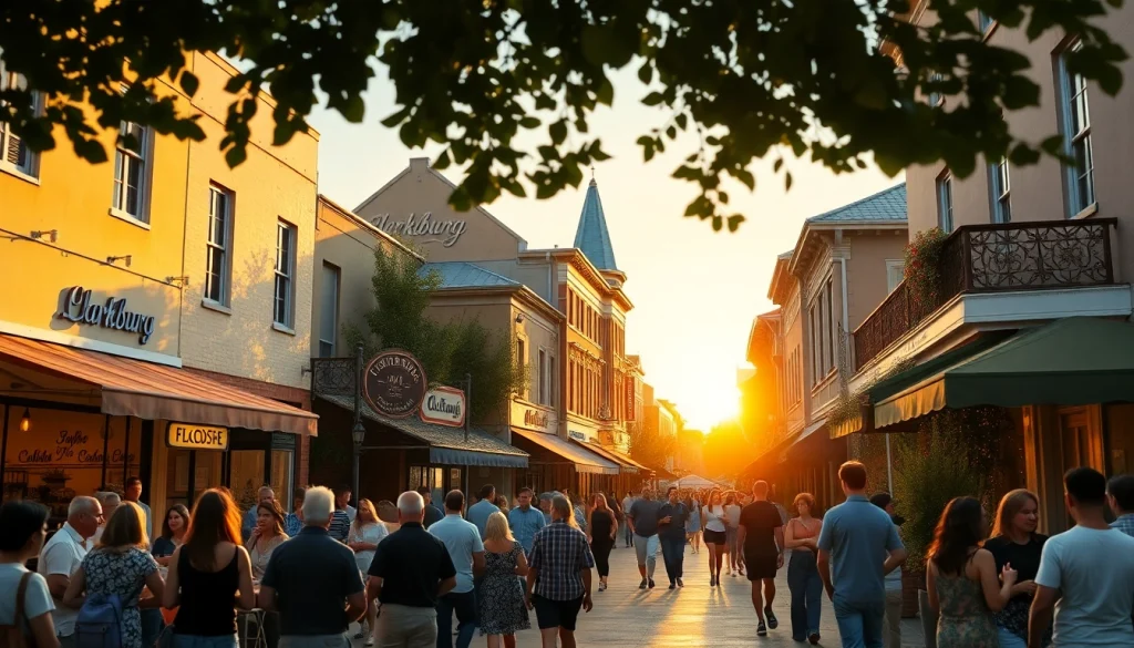 Clarksburg's bustling downtown filled with diverse people enjoying local shops and cafés.
