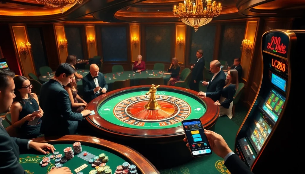 Players enjoying a game at the casino with luxurious LC88 gaming tables and vibrant atmosphere.