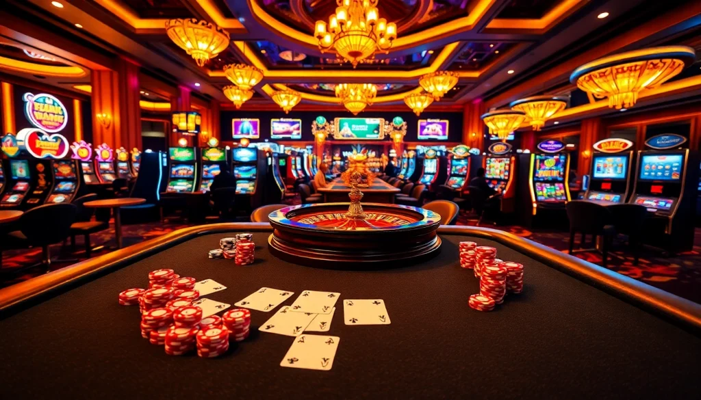 Gambling scene showcasing kèo nhà cái with poker table, vivid chips, and roulette wheel excitement.