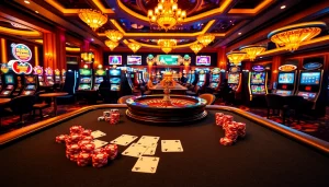 Gambling scene showcasing kèo nhà cái with poker table, vivid chips, and roulette wheel excitement.