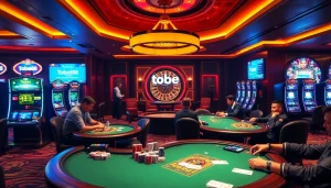 Tobet88 players engaging in high-stakes poker at a luxurious casino with vibrant slot machines.