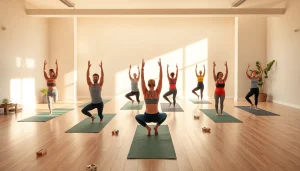 多様な人々がヨガのポーズを練習しているホットヨガスタジオと、リラックスした雰囲気を強調。ホットヨガ おすすめ。