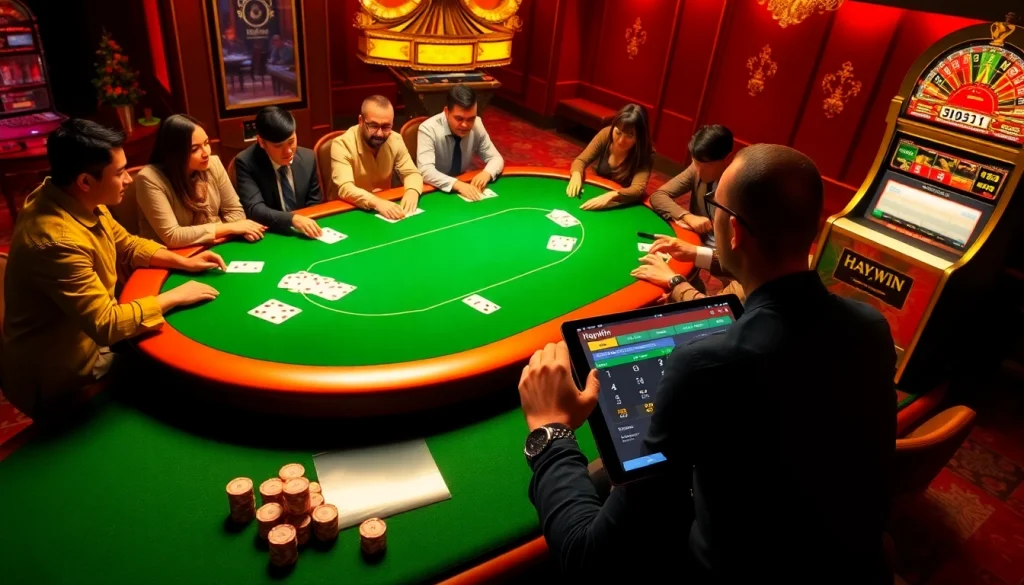 Gamblers engage at the hay.win poker table, emphasizing strategy and excitement in a luxurious casino setting.