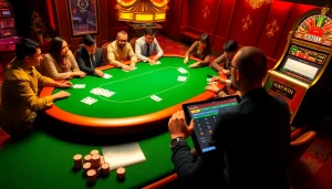 Gamblers engage at the hay.win poker table, emphasizing strategy and excitement in a luxurious casino setting.