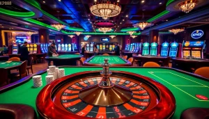 KP88 players enjoying an engaging casino experience with poker chips and a roulette wheel in action.