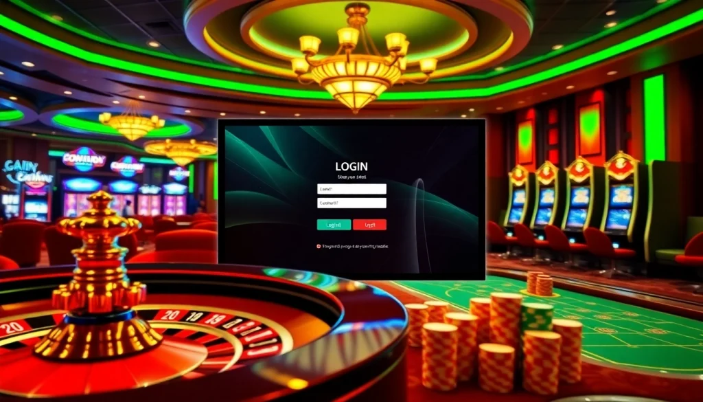 Engaging login interface for a casino experience, featuring vibrant roulette and poker elements, emphasizing লগইন.