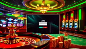 Engaging login interface for a casino experience, featuring vibrant roulette and poker elements, emphasizing লগইন.