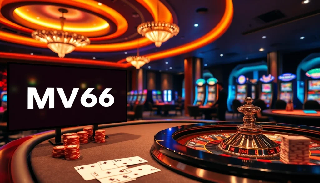Players engaging in high-stakes games at the luxurious Nhà cái MV66 casino, showcasing excitement and strategy.