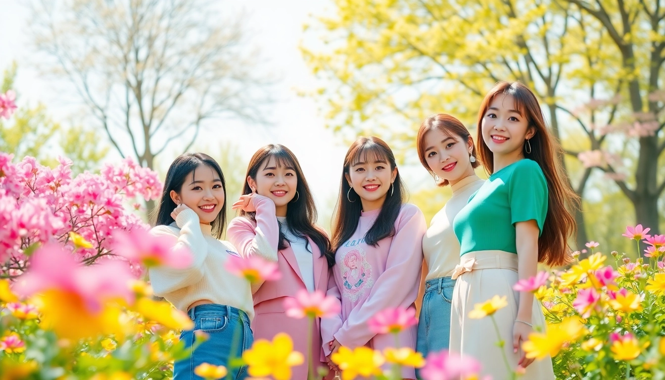 blackpink members posing joyfully in a colorful garden setting, showcasing their unique styles.