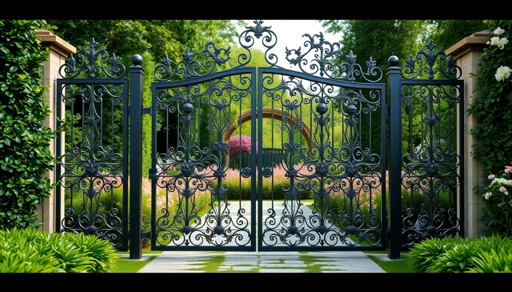 Showcasing custom steel gates glistening in a garden entrance, highlighting intricate design and craftsmanship.
