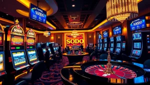 Experience the excitement of SODO Casino with players engaged at the roulette wheel and slot machines.