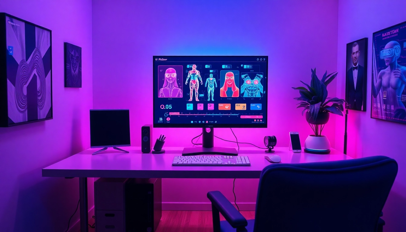 Illustration of NSFW AI technology in a modern workspace with digital visuals.