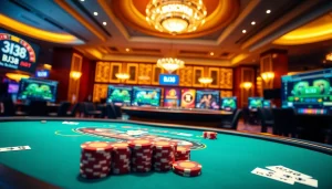 Exciting BJ38 casino atmosphere with vibrant poker tables and roulette wheel.