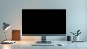 Full black screen displayed on a modern monitor in a minimalist workspace, enhancing focus.