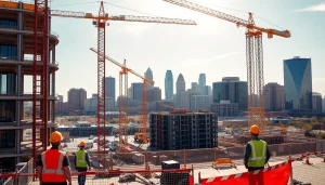 Austin construction site bustling with workers, cranes, and ongoing projects in bright sunlight.