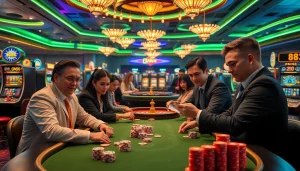 Experienced gamblers strategize at the high-stakes poker table in a luxurious casino featuring 88i-themed décor.