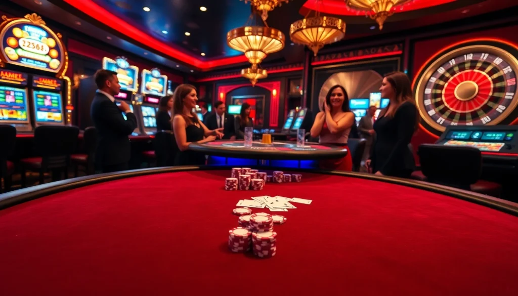 Người chơi đang thưởng thức một trò chơi đầy hồi hộp tại https://luck8.com, nổi bật với các chip poker và máy đánh bạc sống động.