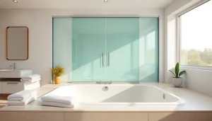 Explore stylish bathtub sliding doors enhancing a modern bathroom's elegance and tranquility.